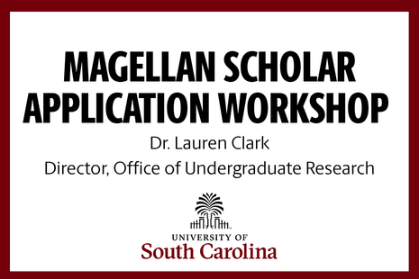 title slide for a presentation titled Magellan Scholar Application Workshop by Dr Lauren Clark, Director of the Office of Undergraduate Research