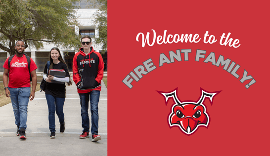 Three USC Sumter students walking. Text in image reads, Welcome to the Fire Ant Family.