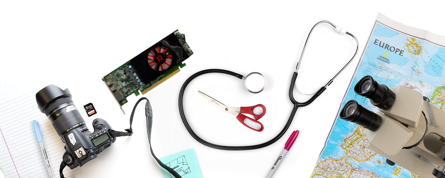Various items related to the College of Information and Communications displayed on a white background. 