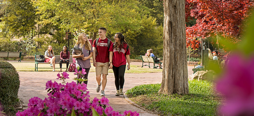 students walking along brick pathway