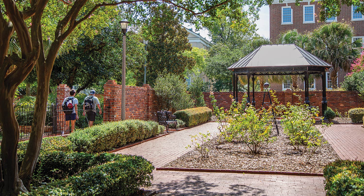 Located beside Lieber College, the refurbished garden features new plantings and hardscape, new lamp posts, a pergola and a copper-roofed gazebo to provide shade.