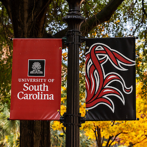 garnet sign reading university of south carolina next to black sign with garnet tailfeathers